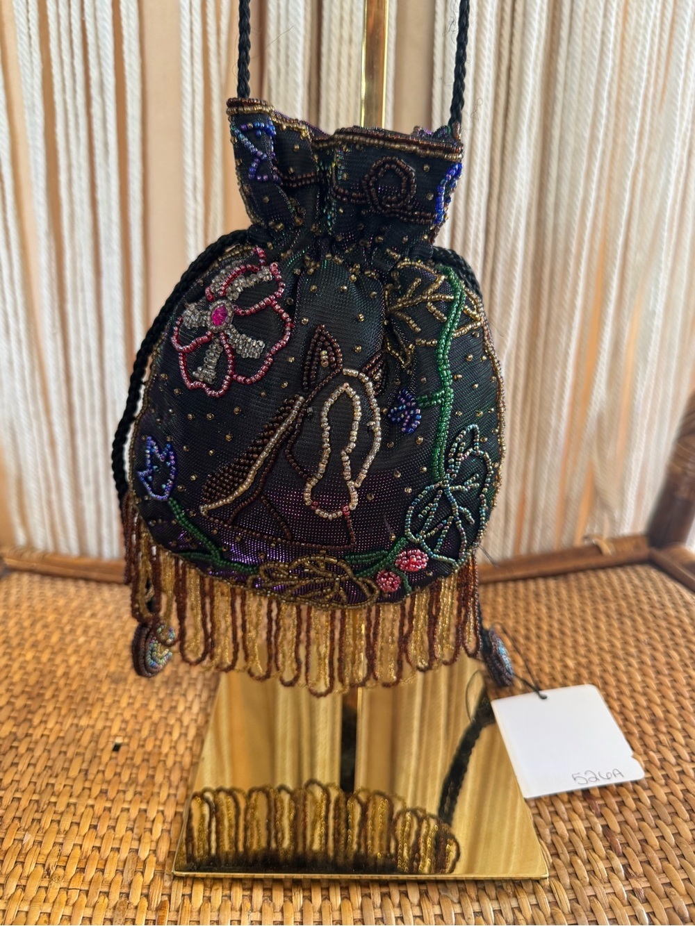 Vintage Hand Beaded Horse Drawstring Pouch Purse Boho Crossbody Fringe Epona - Picture 13 of 13